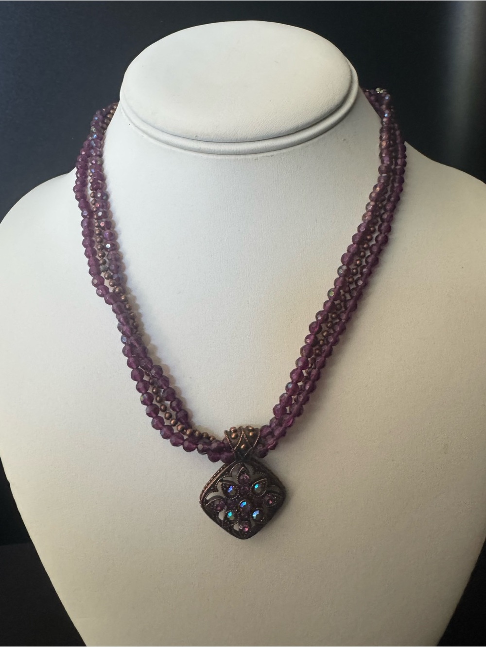 Vintage Signed Avon Purple Triple-Strand Beaded Necklace with Decorative Pendant